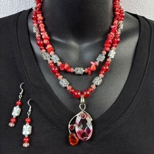 Handmade Necklace Earrings Set Red Dyed Quartz Pink Accent 925 Silver Pendant